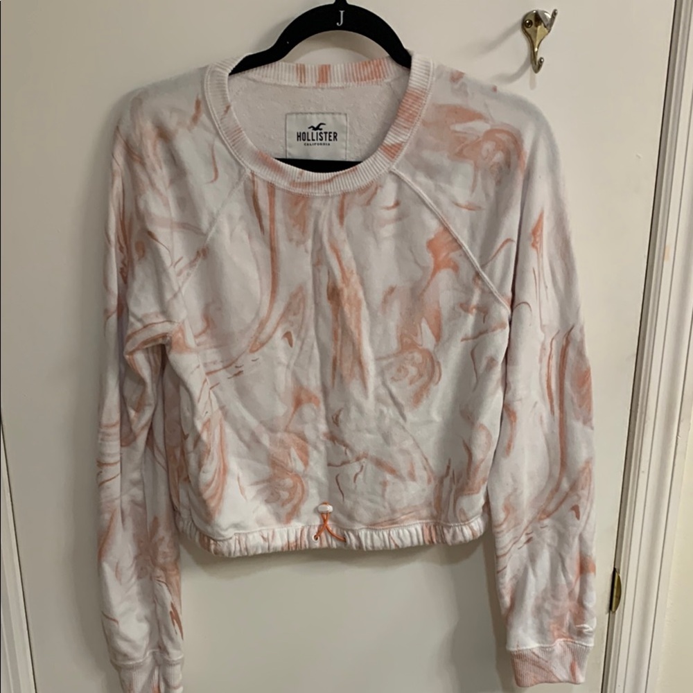 Hollister Pink and White Cropped Long Sleeve Hoodie in Sz S